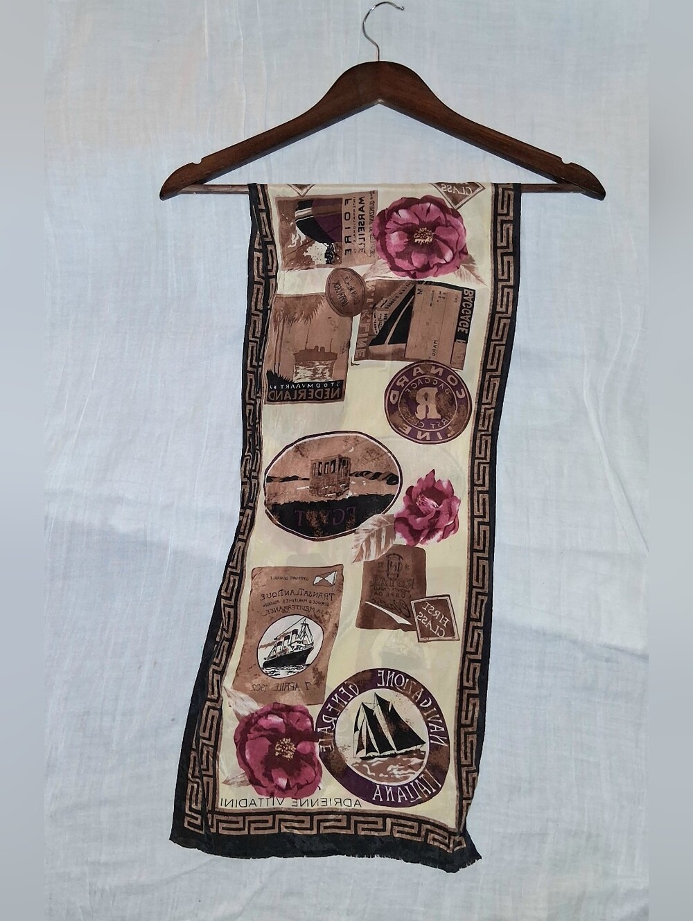 Adrienne Vittadini Cream Scarf with Brown Accents and Pink Floral Motifs